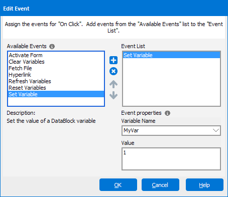 This image is the Edit Event dialog with the Activate Form variable selected.  Available events include Activate Form, Clear Variables, Fetch File, Hyperlink, Refresh Variables, and Reset Variables.